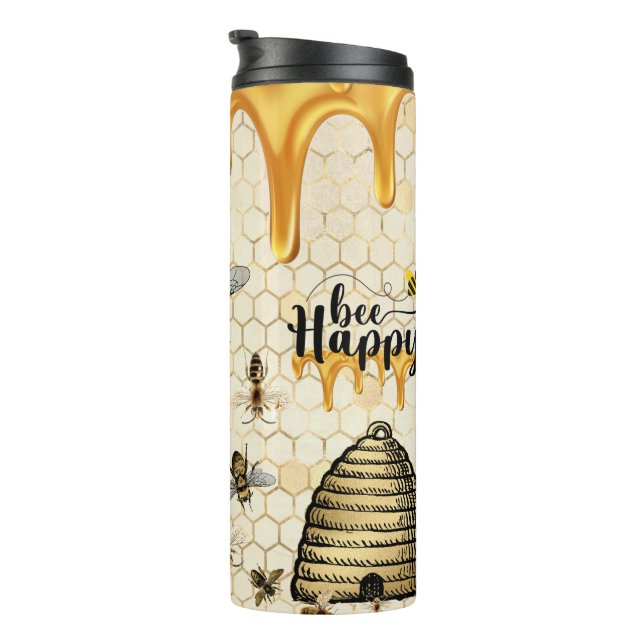 Bees, Sunflowers, and Honeycomb with "Bee Happy"  Thermal Tumbler (Rotated Right)