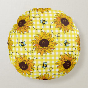 Bees, sunflowers, checkered, vintage pattern. round cushion