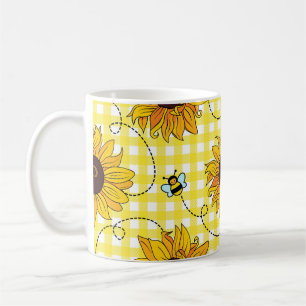 Bees, sunflowers, chequered, vintage pattern. coffee mug