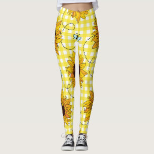 Bees, sunflowers, chequered, vintage pattern. leggings