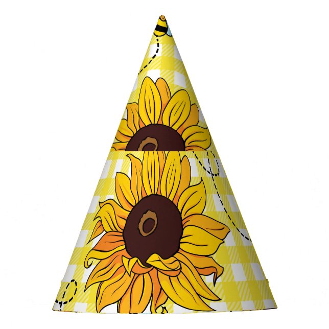 Bees, sunflowers, chequered, vintage pattern. party hat (Front)