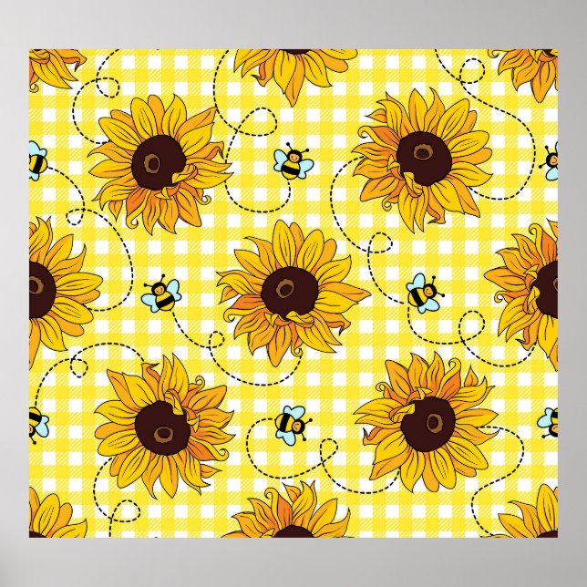 Bees, sunflowers, chequered, vintage pattern. poster (Front)