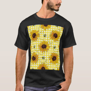 Bees, sunflowers, chequered, vintage pattern. T-Shirt
