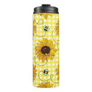 Bees, sunflowers, chequered, vintage pattern. thermal tumbler