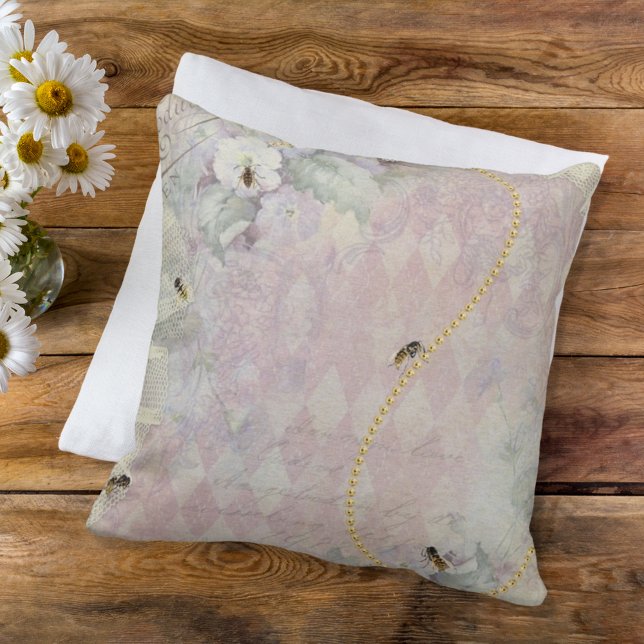 Bees Vintage Floral Argyle Lace Cushion (Creator Uploaded)