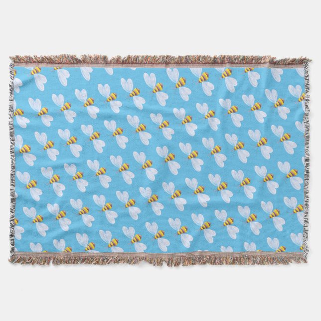 Bees watercolor art blue pattern throw blanket (Front)