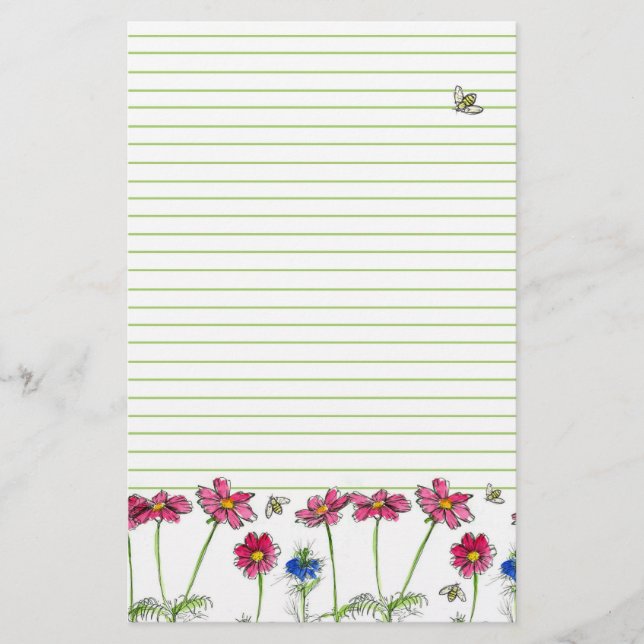 Bees Watercolor Flowers Pink Cosmos Green Lined Stationery (Front)