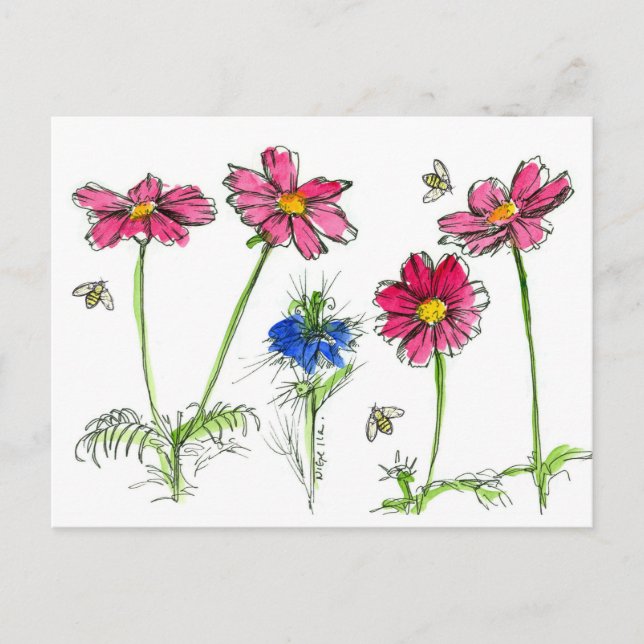 Bees Watercolor Flowers Pink Cosmos Postcard (Front)