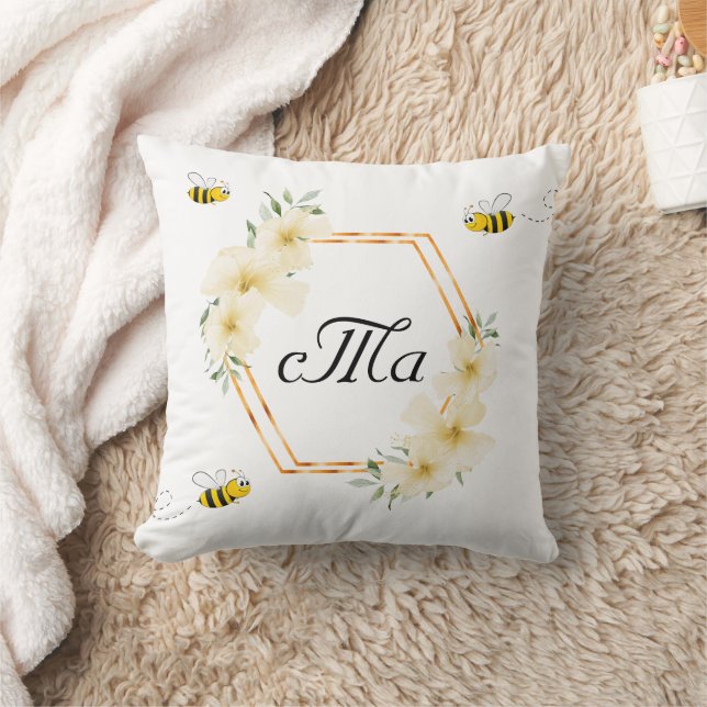 Bees white floral couple monogram cushion (Blanket)