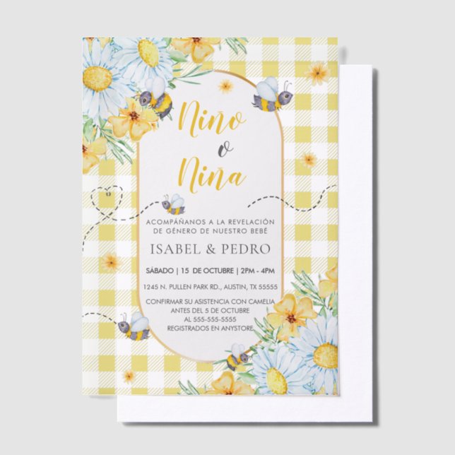 Bees & White Flowers Gingham Spanish Gender Reveal Vellum Invitations (Offset)