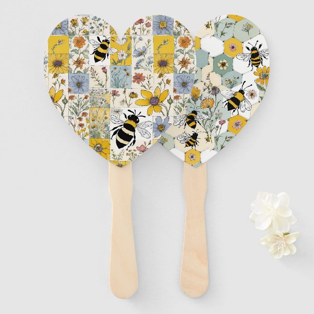 Bees with Florals and Honeycomb Pattern Hand Fan (Front and Back)