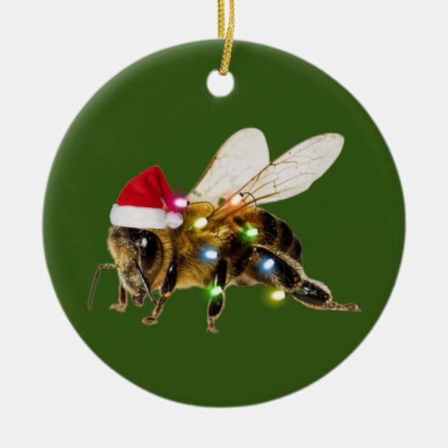 Bees With Hat Lights Christmas Ceramic Tree Decoration (Front)