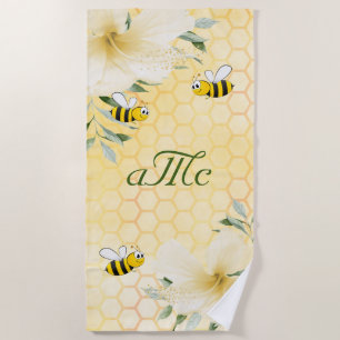 Bees yellow honeycomb couple monogram beach towel