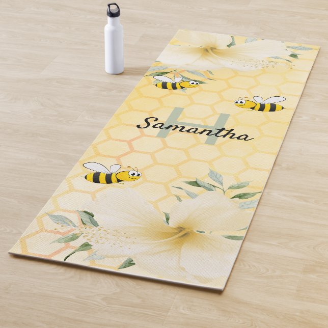 Bees yellow honeycomb floral name cute yoga mat (In Situ)