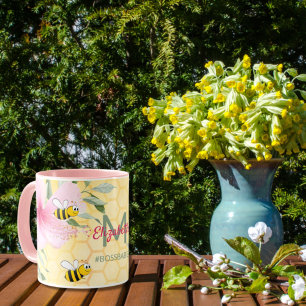 Bees yellow honeycomb pink florals,summer bossbabe mug