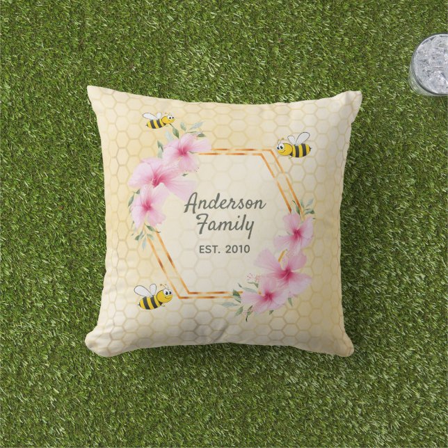 Bees yellow honeycomb pink flowers family name cushion (Grass)
