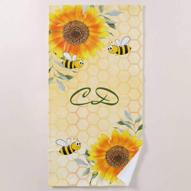 Bees yellow sunflower florals honeycomb monogram beach towel (Front)