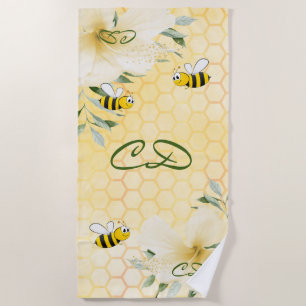 Bees yellow sweet honeycomb florals monogram beach towel
