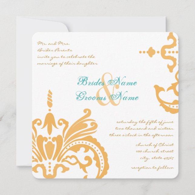 Beeswax and Blue Curacao Floral Damask Invitations (Front)