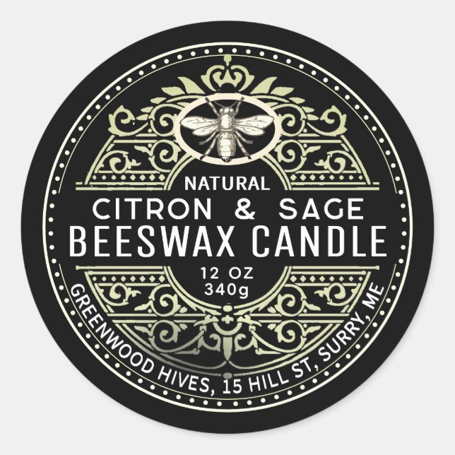 Beeswax Candle Heraldic Bee Fancy Product Label (Front)