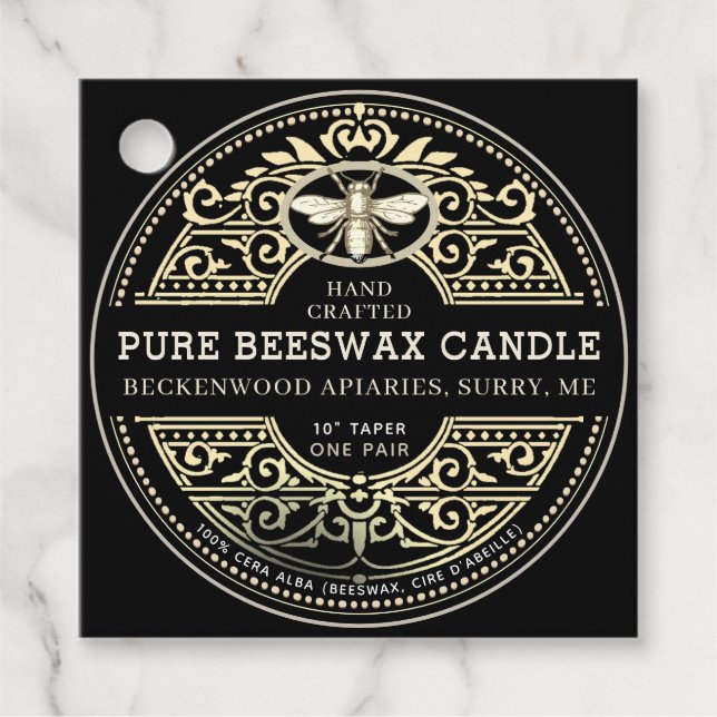 Beeswax Candle Heraldic Bee Product Label Black (Front)