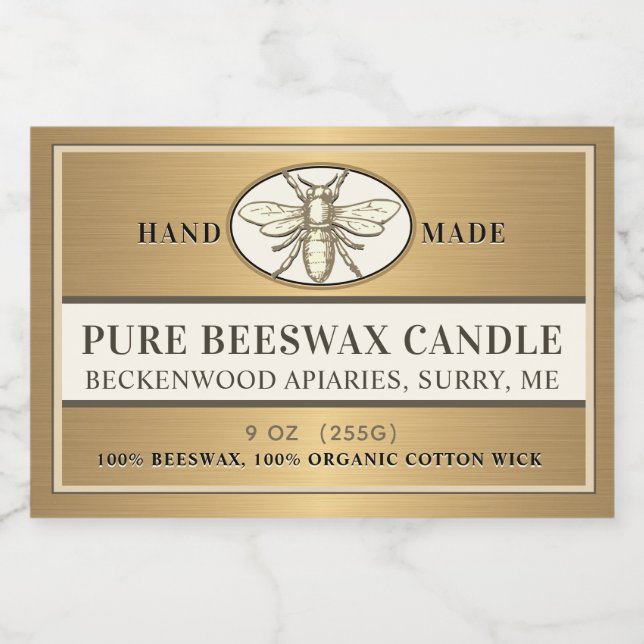 Beeswax Candle Label Heraldic Bee Metallic Gold    (Single Label)