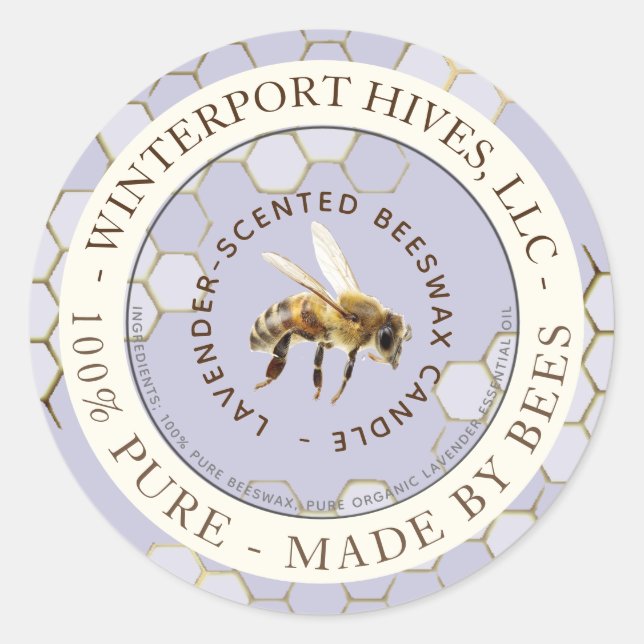 Beeswax Candle Label with honeycomb bee lavender (Front)