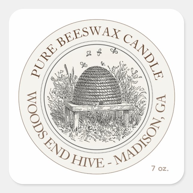 Beeswax Candle Skep with Bees Ivory  Square Sticker (Front)