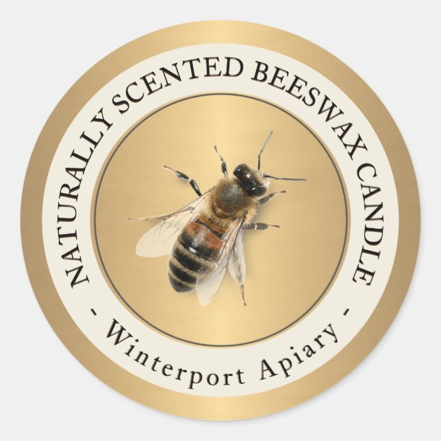 Beeswax Candle with Honeybee Metallic Gold Label (Front)