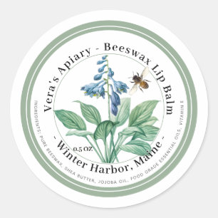 Beeswax Lip Balm Label with Blue Flowers and Bee