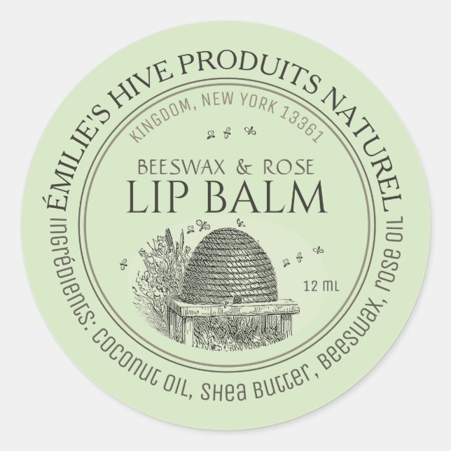 Beeswax lip balm tin mini label with skep and bees (Front)
