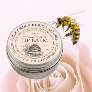 Beeswax lip balm tin mini label with skep and bees