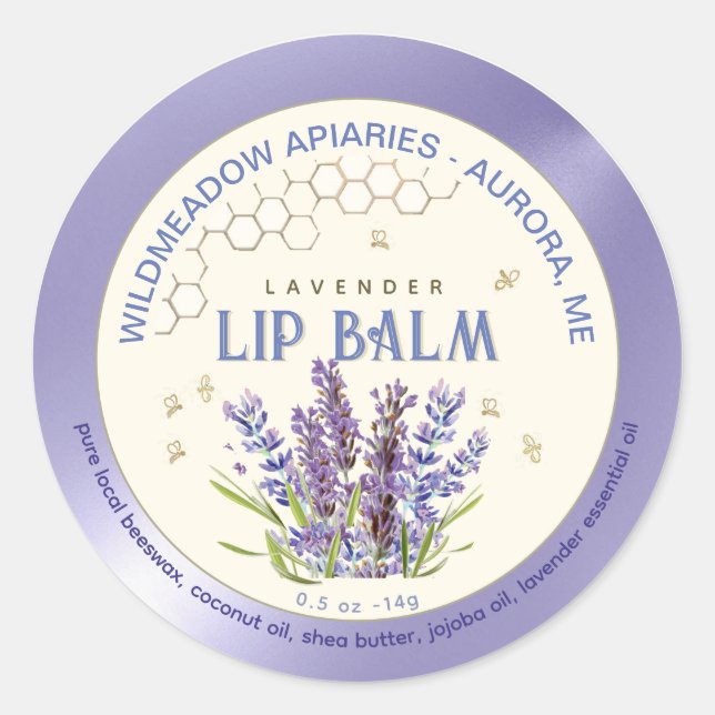 Beeswax Lip Balm with Lavender Flowers and Bees Classic Round Sticker (Front)