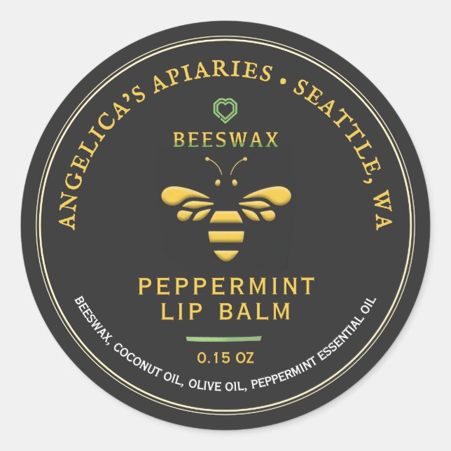 Beeswax Peppermint Lip Balm Label with Bee Heart (Front)