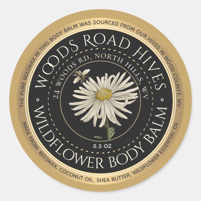 Beeswax Wildflower Honeybee Body Balm Gold Rim  Classic Round Sticker (Front)