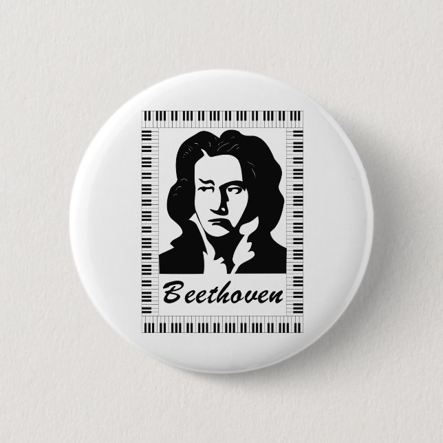 beethoven portrait with piano key frame 6 cm round badge (Front)