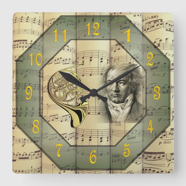 Beethoven ~ Symphony Orchestra ~ French Horn ~ Square Wall Clock (Front)