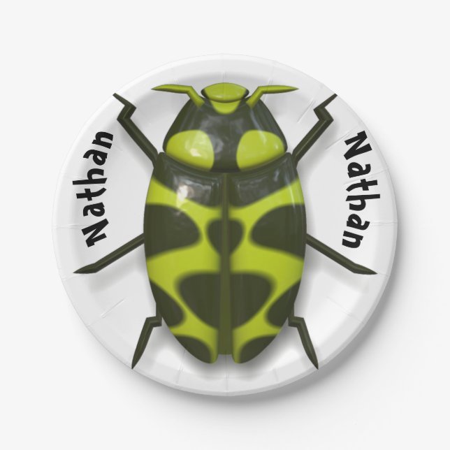 Beetle bug insect cute black green paper plate (Front)