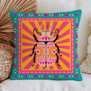 Beetle Insect with Heart Pattern Retro Maximalist Cushion