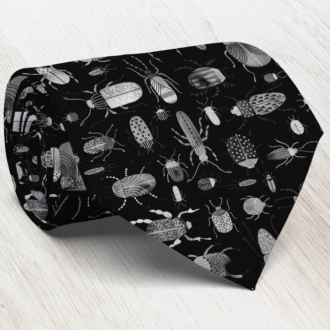 Beetles and Bugs Black Tie (Watercolor bugs and beetles art tie)