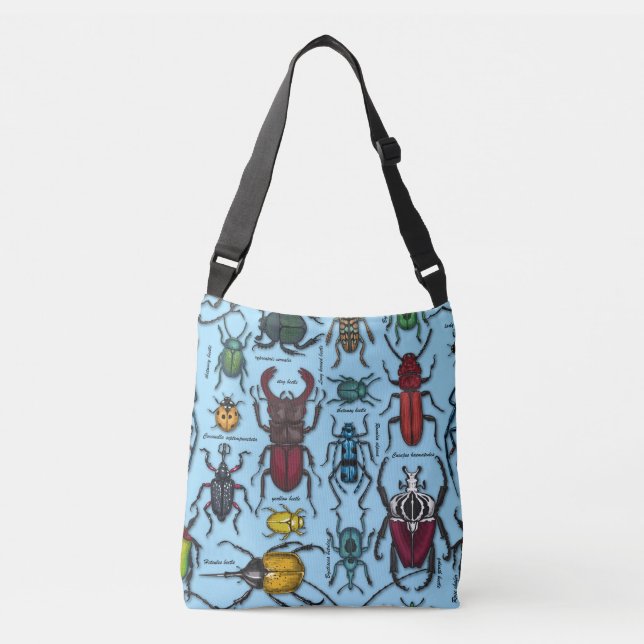 Beetles on blue crossbody bag (Front)