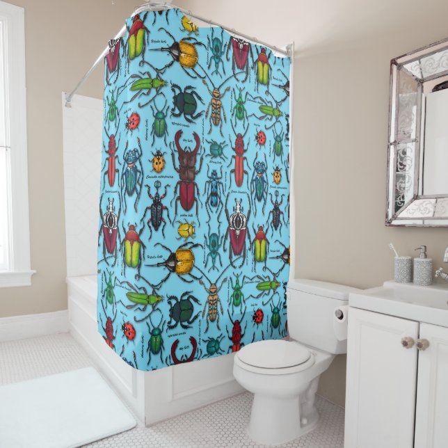 Beetles on blue shower curtain (In Situ)