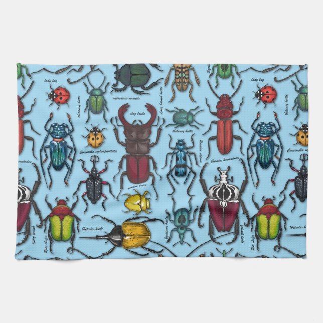 Beetles on blue tea towel (Horizontal)