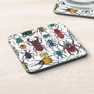 Beetles on white coaster