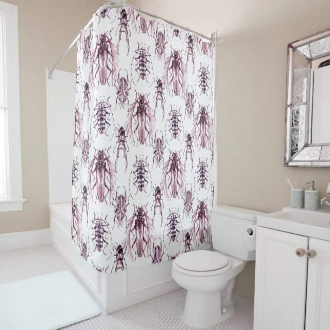 Beetles Purple Watercolor Shower Curtain (In Situ)