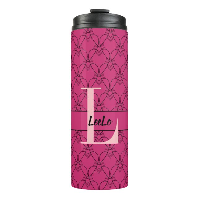 Beetroot Purple & Pink Hearts Monogram and Name Thermal Tumbler (Front)