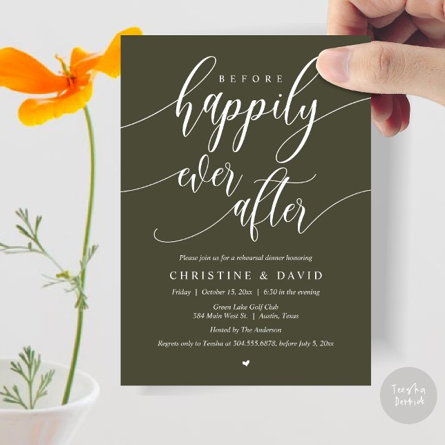 Before Happily Ever After, Rehearsal Dinner Invitation (Before Happily Ever After, Modern Wedding Rehearsal Dinner Invitation Card, PDF, in Olive Green)