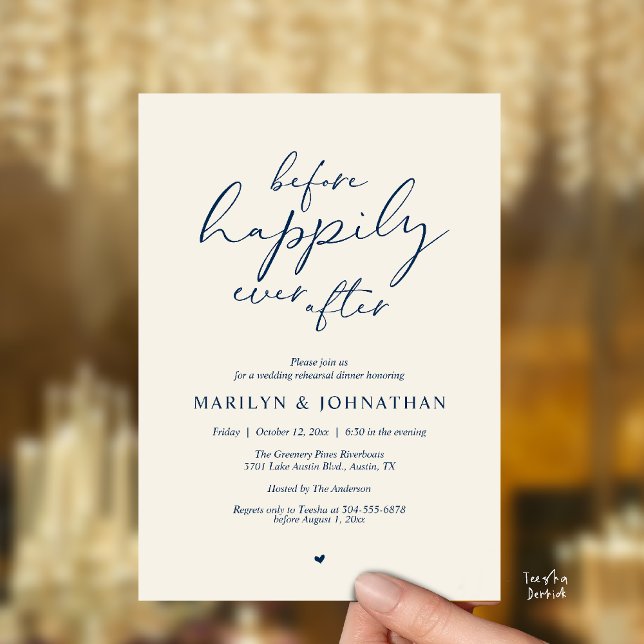 Before Happily Ever After, Romantic Rehearsal Invitation (Before Happily Ever After, Modern Romantic Rehearsal Dinner Invitation Card in Navy Blue Cream)