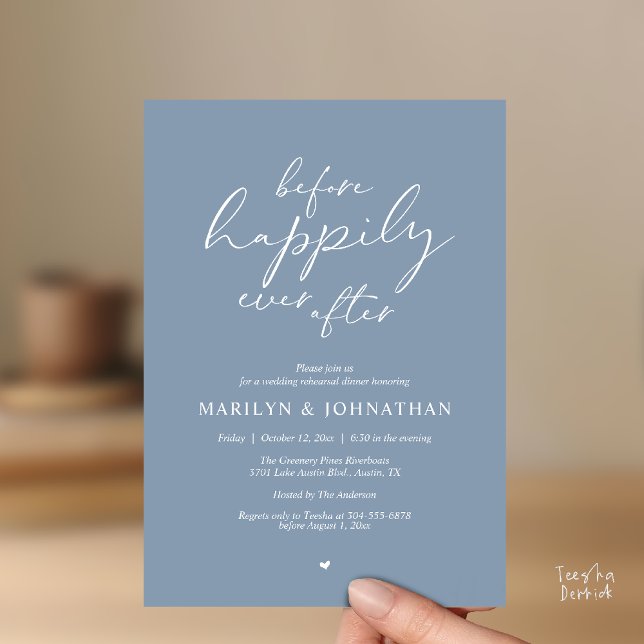 Before Happily Ever After, Romantic Rehearsal Invitation (Before Happily Ever After, Modern Romantic Rehearsal Dinner Invitation Card in Dusty Blue)