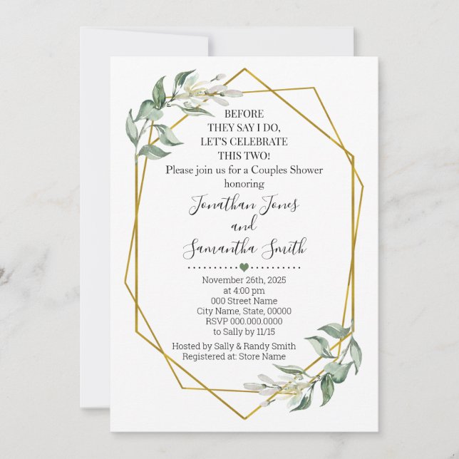 Before they say I do couples shower greenery gold Invitation (Front)
